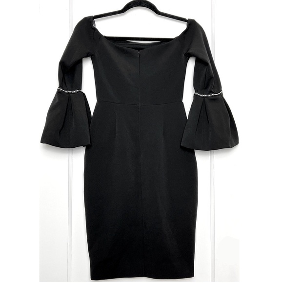 ALEXIS Off Shoulder Embroidered Trim Flared Bell Sleeve Crepe Sheath Dress XS - Picture 7 of 10